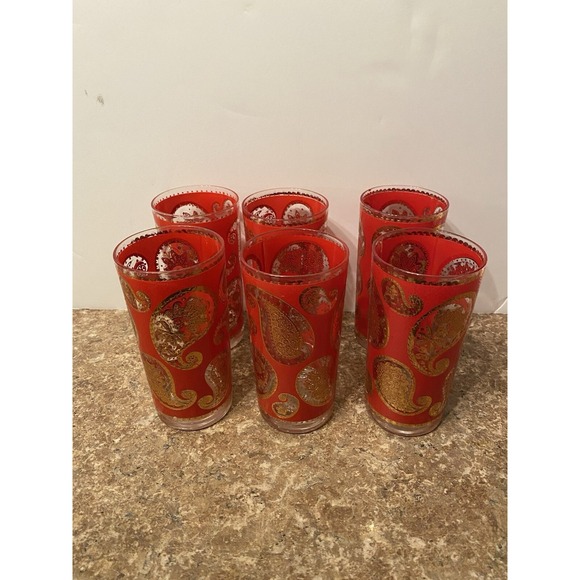 Vintage Culver MCM Red 22k Gold Paisley Highball Glasses Lot Of 6 - Picture 1 of 4